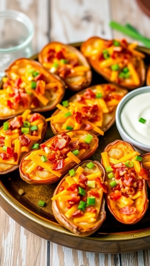 Crispy loaded potato skins topped with cheese, bacon, and green onions, served with sour cream.